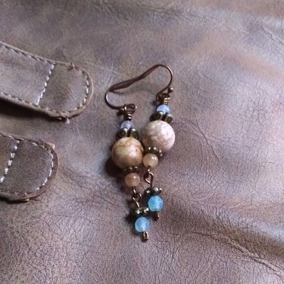 Handmade OOAK Dangle Earrings - Semi-Precious Stone Beads - Neutral Boho Colors - Picture 1 of 10